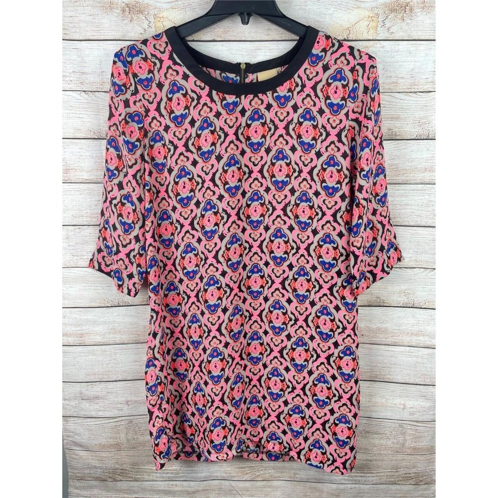 Ichi Womens Tunic Dress 40 Sheer Pink Purple Pattern 3/4 Sleeve